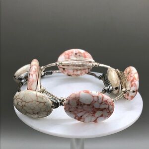 Bundle 2 wire stone bangle bracelets jasper and howlite boho layering stack.